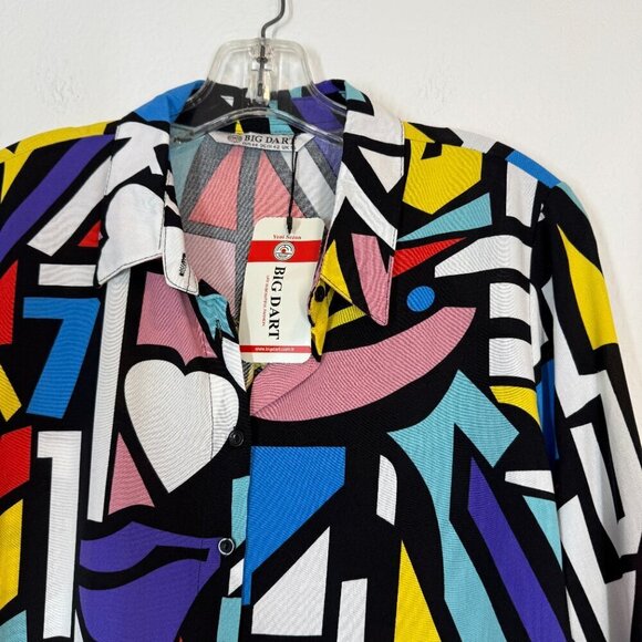 Abstract Blouse Top Button Front Blue Purple Pink Picasso Art Deco Colorful XL - Picture 5 of 11